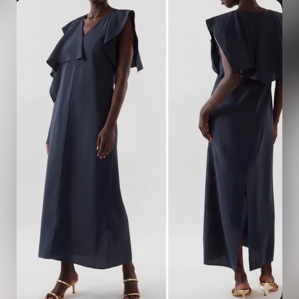 COS - women’s Asymmetric V- neck Maxi dress navy blue Ruffle neckline SZ 10 / 42